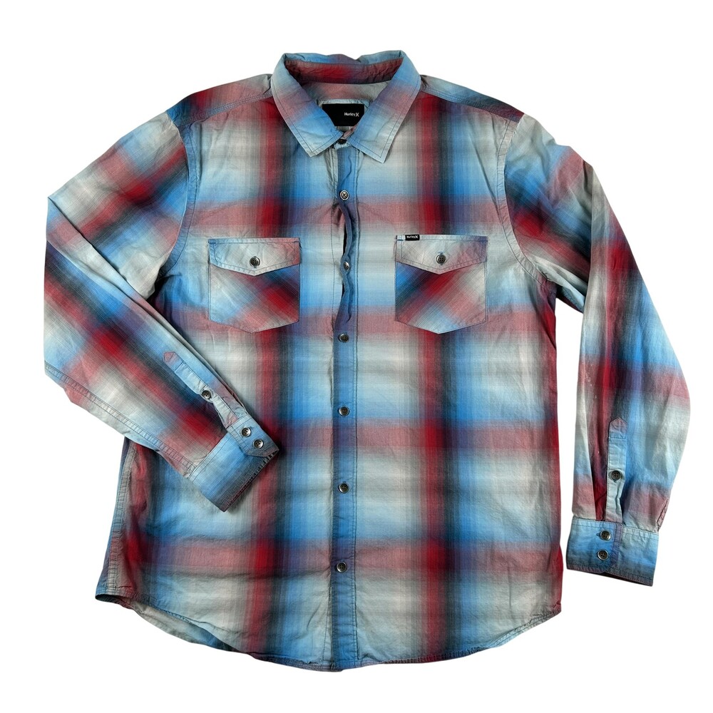 Hurley Shirt Mens XL Red Blue Plaid Long Sleeve Button Up Woven Casual Pockets
